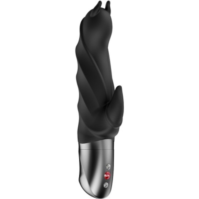 Vibrador preto com textura em espiral e relevo com botão FUN na base metálica