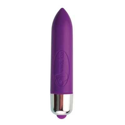 Vibrador pequeno roxo com base metálica prateada e texto RO-80mm