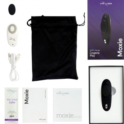 Kit de produtos We-Vibe Moxie com dispositivo preto, comando, saco e material de embalagem