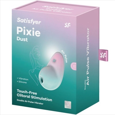 Caixa do vibrador Satisfyer Pixie Dust em tons rosa e verde gradiente