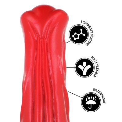 Produto vermelho em silicone com texto e ícones que destacam características do material
