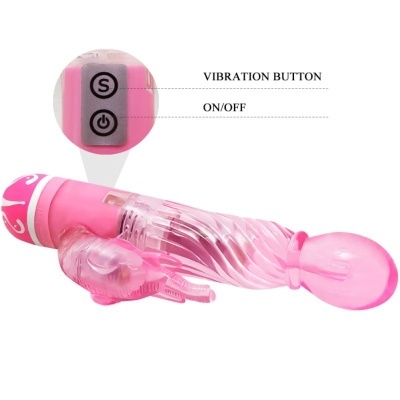 Vibrador rosa translúcido com botões para ligar e controlar vibração.
