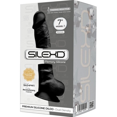 Embalagem de dildo preto em silicone com detalhes de texto e especificações no produto