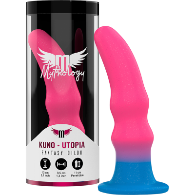 Dildo rosa e azul com base larga em embalagem preta