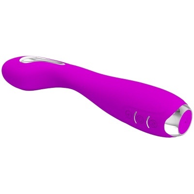 Vibrador roxo com detalhes prateados e botões laterais