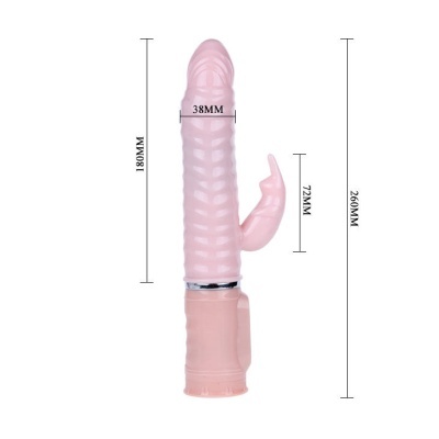 Vibrador cor-de-rosa com texturas e medidas indicadas