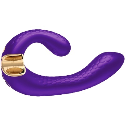 Vibrador roxo com padrão hexagonal e detalhes dourados
