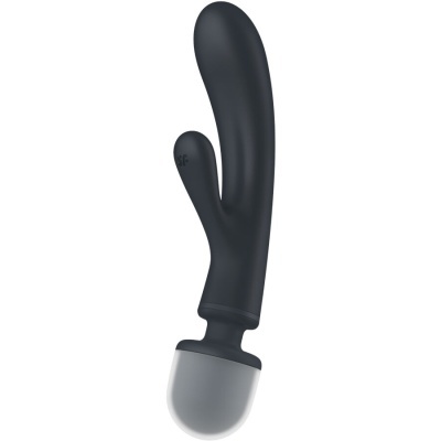 Vibrador preto anatómico com duas pontas e base cinza