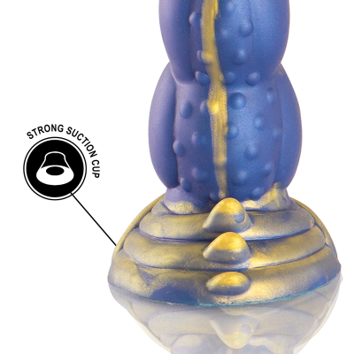 Objeto azul e dourado em silicone com ventosa na base e texto STRONG SUCTION CUP