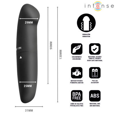 Vibrador preto ergonómico com medidas e ícones de características em fundo branco