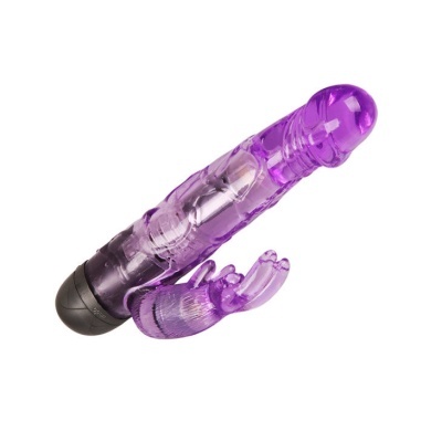 Vibrador roxo translucido com textura e vibrador em forma de coelho