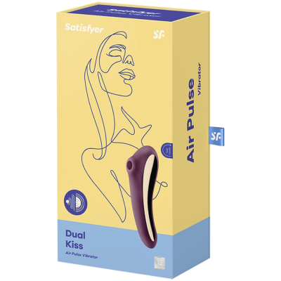 Embalagem do vibrador Satisfyer Dual Kiss em amarelo e azul com imagem do produto e desenho de mulher