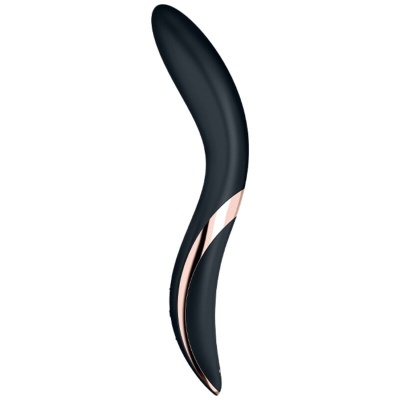 Vibrador preto com detalhes dourados rosados, liso e curvado