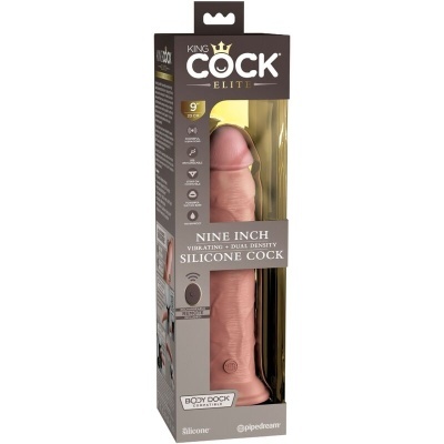Vibrador tipo dildo cor de pele em embalagem preta com texto KING COCK ELITE