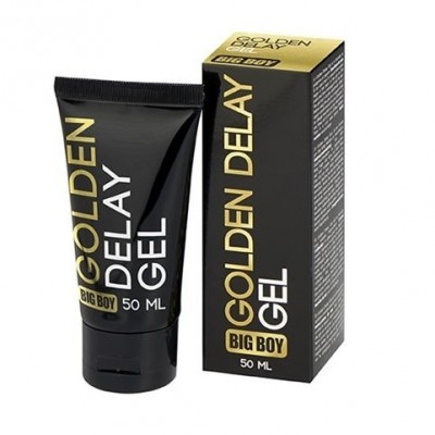 Gel GOLDEN DELAY GEL BIG BOY 50 ML em tubo preto com texto dourado e branco ao lado da caixa preta com texto dourado e branco