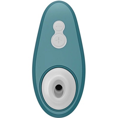 Dispositivo azul esverdeado e branco com botões de mais e menos