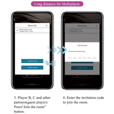 Dois smartphones BAILE com interface de app para modo multiplayer, mostrando lista de salas e código de convite
