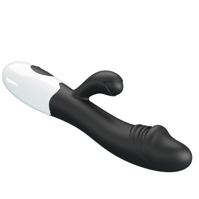 Vibrador anatómico preto e branco com extensão curva