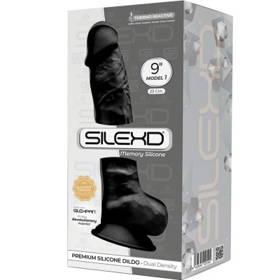 Embalagem de dildo preto de silicone com texto e design detalhado