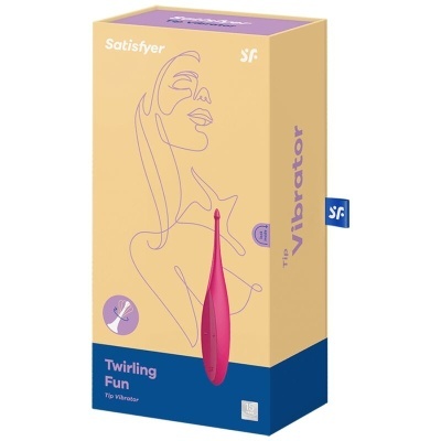 Embalagem de vibrador vermelho Satisfyer Twirling Fun com desenho estilizado de mulher em fundo amarelo e azul