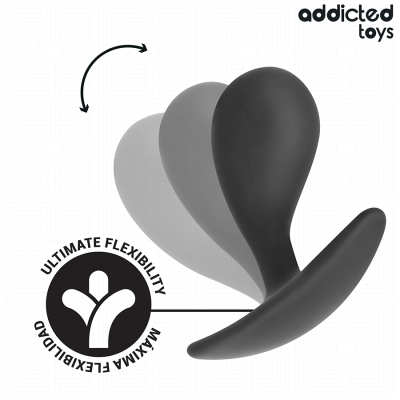 Produto de silicone preto flexível com design curvo e texto de flexibilidade.