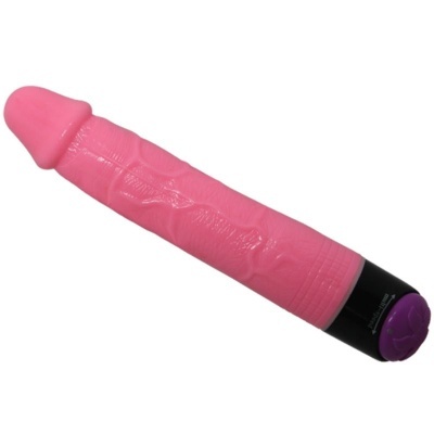 Vibrador rosa com base preta e botão roxo com fundo branco