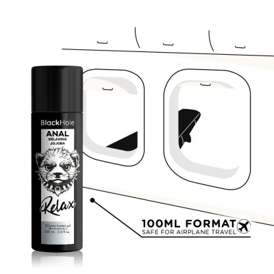Frasco preto de gel lubrificante BlackHole 100ml junto a desenho de janela de avião