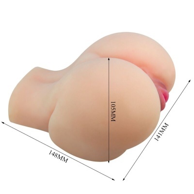Produto de silicone em forma de nádegas humanas com dimensões visíveis e cor pele