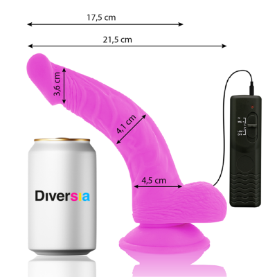 Vibrador rosa de silicone com ventosa e controlo remoto preto ao lado de lata branca com texto Diversia