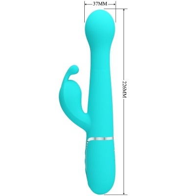 Vibrador azul claro de silicone com duas pontas, medidas indicadas
