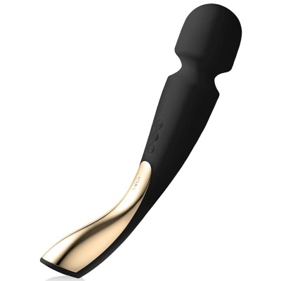 Vibrador massageador preto com detalhe dourado e botões