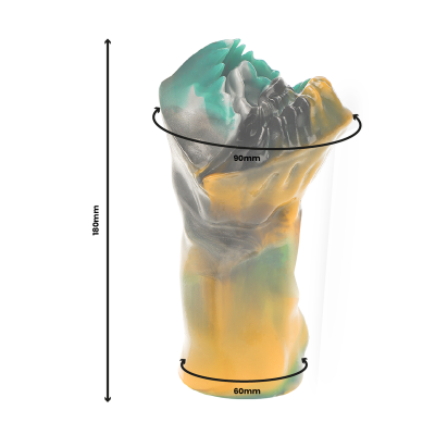 Produto em forma de punho fechado colorido com medidas indicadas