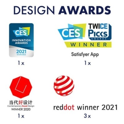 Imagem com logos de prémios de design CES, Satisfyer App, Contemporary Good Design e reddot.