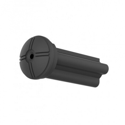 Objeto cilíndrico preto com ranhuras e fundo branco