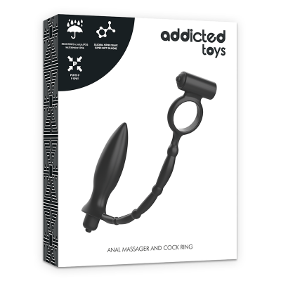Embalagem branca com massageador anal e anel peniano pretos da addicted toys