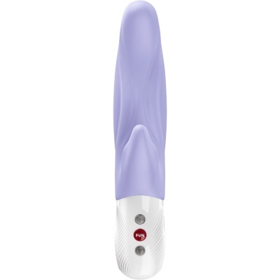 Vibrador roxo com base branca e botões, design anatómico