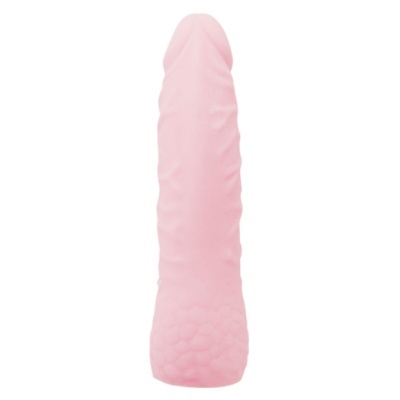 Objeto cilíndrico rosa claro com textura e ponta arredondada sobre fundo branco