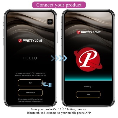 Dois ecrãs de smartphones com aplicação PRETTY LOVE aberta mostrando instruções para conexão via Bluetooth