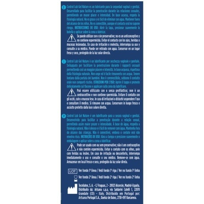 Embalagem azul de gel íntimo com texto informativo em português.