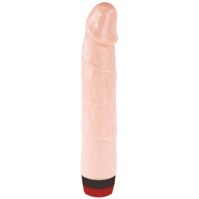 Vibrador realista cor pele com base preta e vermelha em fundo branco