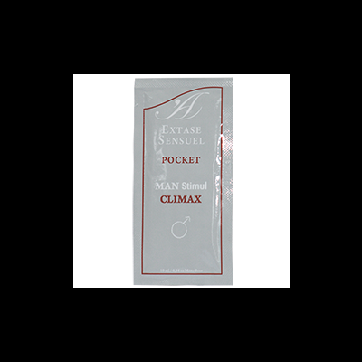 Pacote prata com texto branco e vermelho EXTASE SENSUEL POCKET MAN Stimul CLIMAX, símbolo masculino