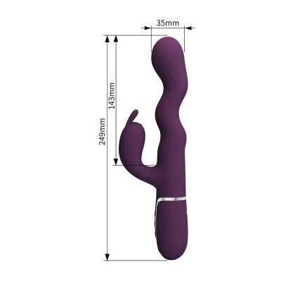 Vibrador roxo com dimensões e texturas sobre fundo branco
