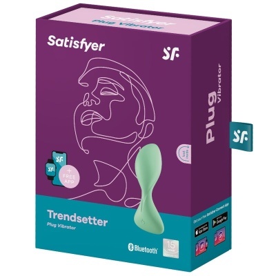 Caixa roxa e azul de plug vibrador Satisfyer Trendsetter com detalhes de Bluetooth e aplicação móvel