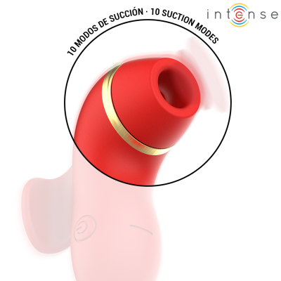 Dispositivo vibratório corporal em silicone rosa com ponta vermelha e anel dourado, texto sobre modos de sucção.