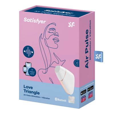 Embalagem cor-de-rosa do Satisfyer Love Triangle com texto e ilustração de rosto artístico