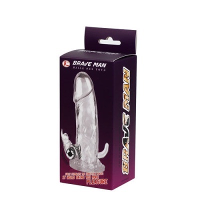 Embalagem roxa com dildo transparente e texto Brave Man