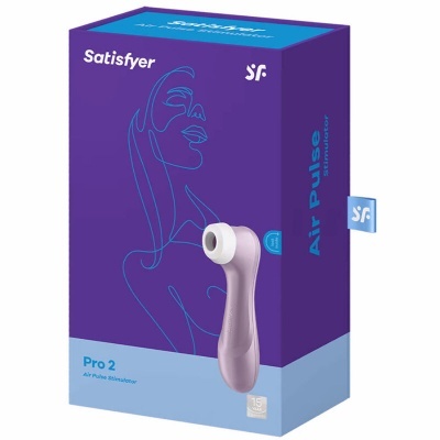 Caixa roxa e azul com um dispositivo rosa claro Satisfyer Pro 2 Air Pulse Stimulator