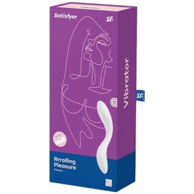 Embalagem roxa e azul de vibrador branco Satisfyer Rrrolling Pleasure