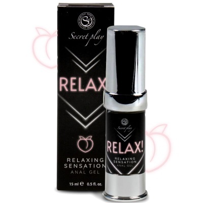 Gel anal relaxante Secret Play em embalagem preta e rosa com frasco prateado