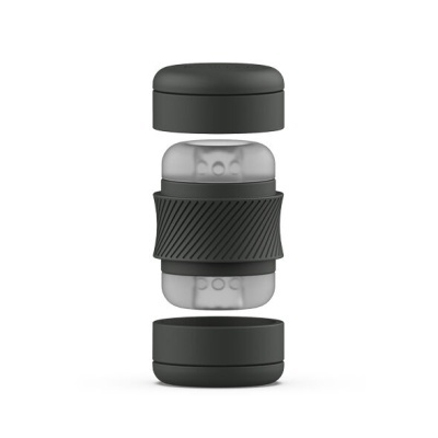 Frasco cilíndrico transparente com tampa e base pretas e anel texturizado